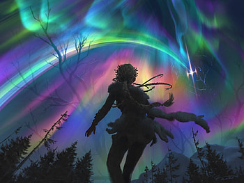 The prismatic bridge, art, fantasy, johannes voss, sky, girl, silhouette, aurora, night, colorful, erskine HD wallpaper