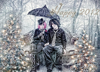 Happy 2012, umbrella, abstract, fantasy, lights, man, girl, people HD wallpaper