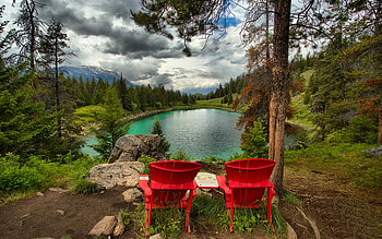 The Valley Of Five Lakes At Jasper National Park, Alberta, chairs, landscape, trees, clouds, sky, canada, mountains HD wallpaper