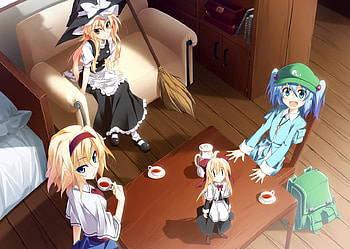 Tea Party, cute, kawashiro nitori, dress, alice margatriod, beauty, twintails, blonde hair, bow, sexy, blue eyes, hot, blue hair, beautiful, beauties, anime girls, kirasame marisa, touhou HD wallpaper