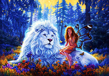 Fairy and lion, blue, animal, fairy, leu, fantasy, girl, lion, forest HD wallpaper