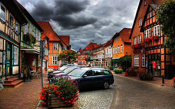Plants, Cities, Flowers, Houses, Sky, Clouds, City, Car, Machine HD wallpaper