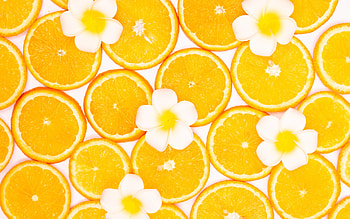 Orange slices and flowers, white, yellow, flower, fruit, texture, slice, orange, pattern, portocala HD wallpaper