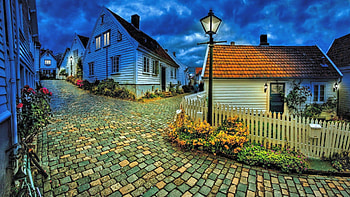 Night Falls On Spring Street, city lights, Norway, beautiful, houses, street, clouds, flowers, evening, urban landscape HD wallpaper