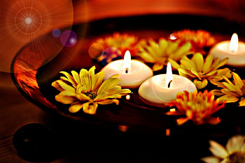 FLOWING WATER, orange, still life, candlelight, ponds, yellow, flowers, spa, candles, bowl, water HD wallpaper