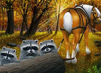 Special Guests, artwork, horse, painting, raccoons, trunk, trees, forest HD wallpaper