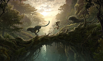 Fantasy, Lions, Bridge, Girl, Bounce, Jump, Jungle HD wallpaper