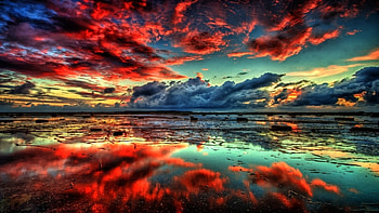 fire in the sky, clouds, natur, sky, lake HD wallpaper