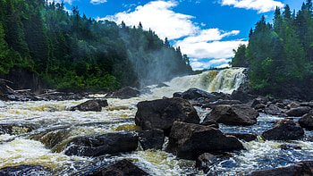 Pukaskwa National Park, Ontario, river, clouds, trees, cascades, sky, canada, rocks, forest HD wallpaper