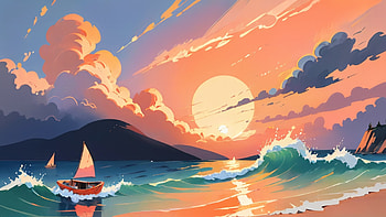 Sunset Drawing, sunset, wave, sea, ocean, sky, Ocean Waves HD wallpaper