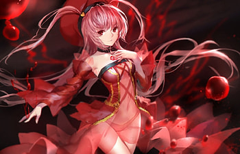 Red Girl, black, cute, long hair, dress, beauty, lady, female, sweet, art, ribbon, girl, beautiful, pink hair, woman, anime girl, pink, anime, pretty, lovely HD wallpaper