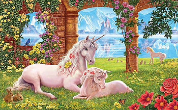 Unicorn Mother And Foal, meadows, unicorns, birds, mithology, rabbits, beautiful, lake, butterfly, family, castle, mountains, lovely HD wallpaper