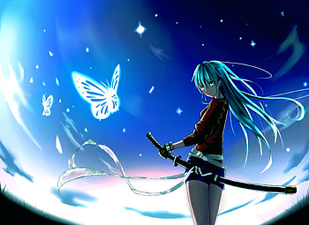 The World is Mine, night, blue, black, cute, stars, beauty, butterflies, lady, moon, bue, female, sweet, white, sword, girl, beautiful, woman, pink, anime, pretty, katana, lovely HD wallpaper