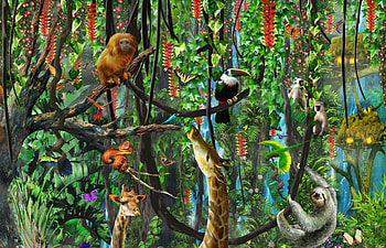 Jungle animals, animal, monkey, bird, sloth, adrian chesterman, giraffe, summer, fantasy, green, jungle, vara HD wallpaper