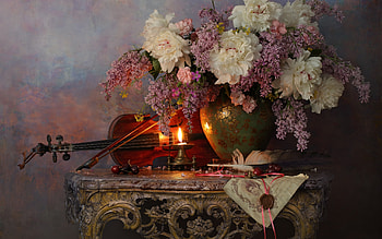 Still life of lilacs and peonies with violin, , Still life, violin, of lilacs and peonies with HD wallpaper