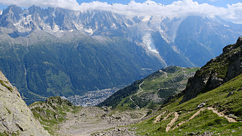 Valley, Trail, Mountains, Landscape, Slope, Stones, Fog, Snow, Sky Nature HD wallpaper
