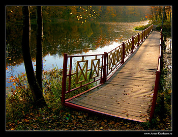 Bridge Over the Lake, vivid, bright, trees, bridge, lake HD wallpaper