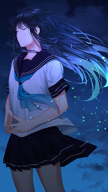 Night Breeze: Firefly Glow in School Uniform, cloud, long hair, night, school uniform, Anime, Original, anime night HD phone wallpaper