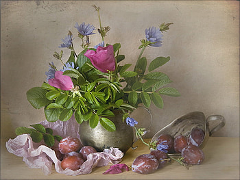 still life for Ahava, composition, art , still life, table, beautiful, flowers, fruits, iron pot vase HD wallpaper