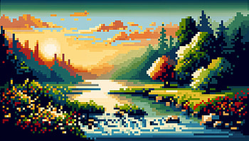 Vibrant Sunrise: A Pixel Art Landscape, pixel art, landscape, river, nature HD wallpaper
