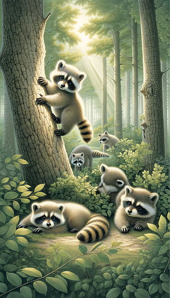 Enchanted Forest Raccoon Family , raccoon, forest, Wildlife, Animal, nature HD phone wallpaper