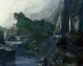 fantasy art, birds, trees, pagoda, bridges, mountains HD wallpaper