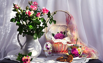* Still life *, still life, bouquet, roses, soft, vase, curtain HD wallpaper