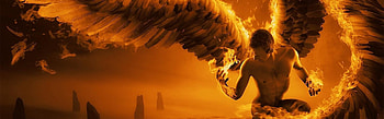 angel, wings, fire, fog, rocks HD wallpaper