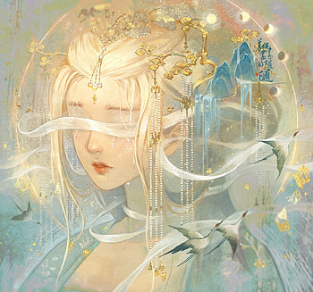Morning, face, crane, girl, blue, art, suisui, cranes, bird, fantasy, yellow, luminos, pasari HD wallpaper
