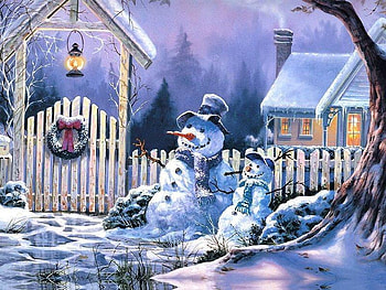 Snowman, snow, hats, man, fence HD wallpaper