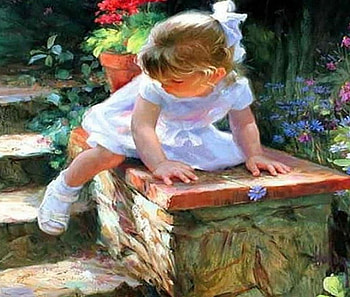 Painting, art, colors, girl, beautiful, play, park, little, summer, day, stairs, light, artist, Vladimir Volegov, flowers, painter HD wallpaper