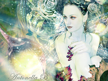 Fairy Fantasy, fairy, leaves, fantasy, grapes, flowers, stars HD wallpaper