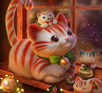 Peppurmint, pisici, craciun, art, christmas, cute, piper thibodeau, cat, kitten, window, lights HD wallpaper