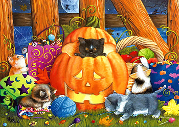 Halloween surprise, sweet, fun, cats, cute, kittens, october, playing, Halloween, pumpkin, funny, adorable, surprise, yarn, joy HD wallpaper