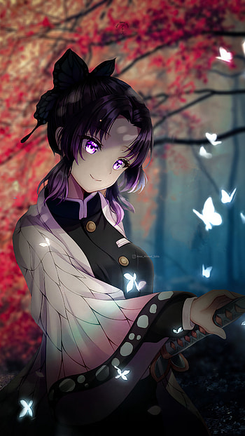 Shinobu Kocho, art, black hair, Anime, Butterfly, Anas_Ahmed_Edits, Demon Slayer HD phone wallpaper