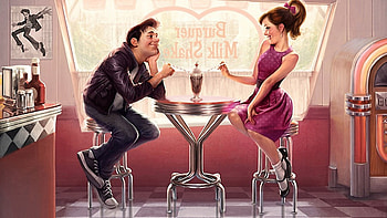 :), man, couple, funny, girl, bar, art, retro, pink, fantasy, vintage, drink HD wallpaper