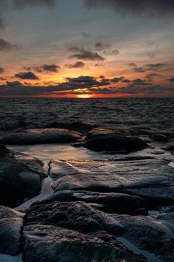 Nature, Sunset, Sea, Twilight, Waves, Shore, Bank, Dusk HD phone wallpaper
