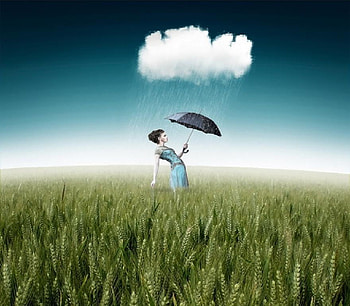 I'ts rainny again, umbrella, abstract, rain, field, manipulation, clouds, grass, girl HD wallpaper