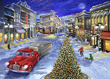 A Drive Down Main Street, winter, painting, city, christmas, car, snow, houses, tree HD wallpaper
