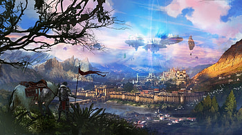 art fantasy castle flying in the sky horse horse man town tree landscape HD wallpaper