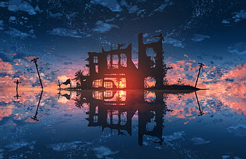 Wreck old house, reflection, sunset, artwork HD wallpaper