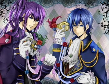 Masquerade, mask, purple hair, uniform, cute, floral, vocaloid, long hair, rose, feather, vocaloids, flower, short hair, happy, male, handsome, sexy, blue eyes, smile, hot, blue hair, gloves, kaito, boy, anime, kamui gakupo, guy HD wallpaper