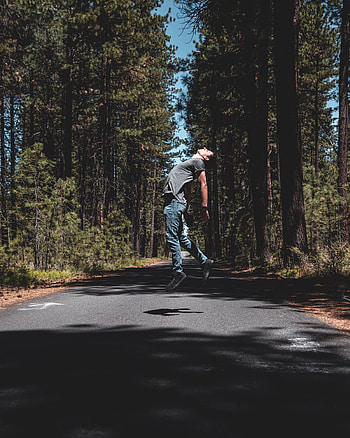 Trees, Miscellanea, Miscellaneous, Road, Forest, Human, Person, Bounce, Jump, Levitation HD phone wallpaper