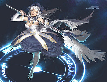 Magic Staff, sexy, magic, hot, long hair, dress, anime girl, wings staff, nail polish, light, white hair, cool, hair bow, female HD wallpaper