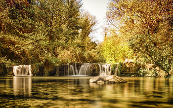 Yellow Autumn, Lake, Forest, Trees, Waterf, Waterfall HD wallpaper