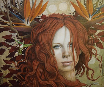 Redhead, strelitzia, pictura, portrait, face, girl, art, sophie wilkins, fantasy, painting HD wallpaper