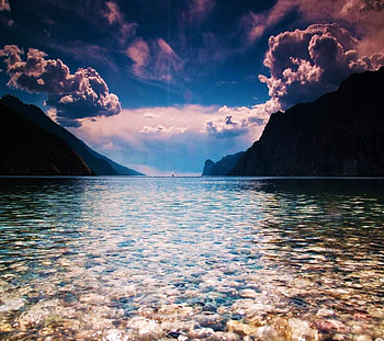 Rain has ended, blue, rainclouds, river, pink, cliffs, clearing, water, rocks HD wallpaper