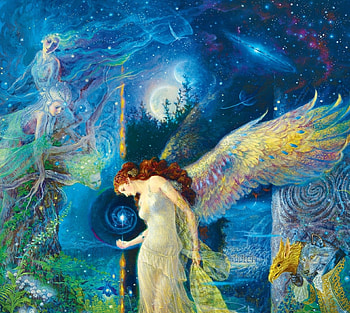 Angel, blue, wings, fantasy, art, yellow, girl, luminos HD wallpaper