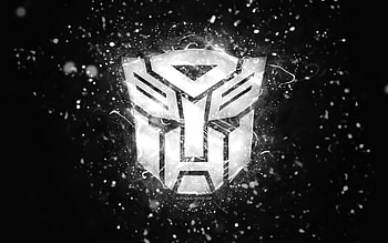 Transformers white logo, , white neon lights, creative, black abstract background, Transformers logo, cinema logos, Transformers HD wallpaper