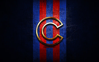 Chicago Cubs emblem, MLB, golden emblem, blue metal background, american baseball team, Major League Baseball, baseball, Chicago Cubs HD wallpaper